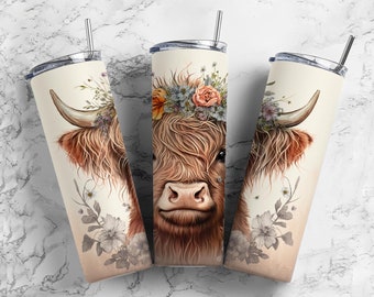highland cow 20oz sublimation tumbler design, baby flowers 9.2 x 8.3” straight tumbler wrap PNG