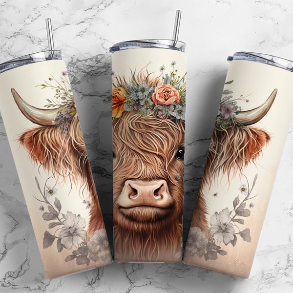 highland cow 20oz sublimation tumbler design, baby flowers 9.2 x 8.3” straight tumbler wrap PNG