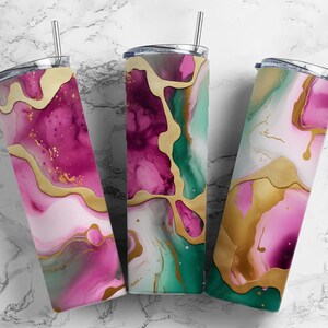 Pink purple Green 20oz sublimation tumbler design, marble agate gold glitter  9.2 x 8.3” straight tumbler wrap PNG
