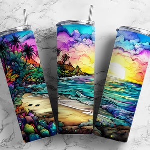 tropical beach alcohol ink 20oz sublimation tumbler design, tropical beach 9.2 x 8.3” straight tumbler wrap PNG