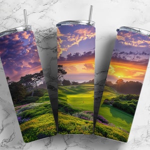 Golf course sunset   20oz sublimation tumbler design, green grass 9.2 x 8.3” straight tumbler wrap PNG