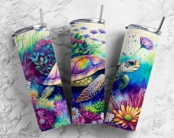 Coral reef 20oz sublimation tumbler design, sea turtle 9.2 x 8.3” straight tumbler wrap PNG