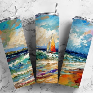 ocean waves 20oz sublimation tumbler design, sailboat impressionism 9.2 x 8.3” straight tumbler wrap PNG