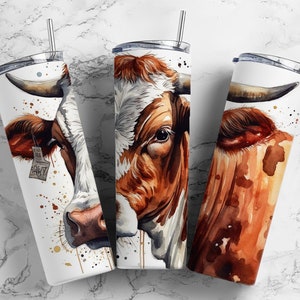 Brown white 20oz sublimation tumbler design, cow portrait 9.2 x 8.3” straight tumbler wrap PNG