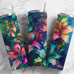 lilies flowers  20oz sublimation tumbler design, gel paint stylised 9.2 x 8.3” straight tumbler wrap PNG