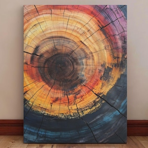 Tree Ring Canvas Wall Art - Abstract Colorful Tree Rings - Rustic Nature Home Decor - Farmhouse Living Room Artwork - Wood Grain Print