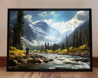 Fly Fishing Poster Print - Mountain River Landscape Wall Art - Fishing Gift for Dad - Rustic Cabin Decor - Fly Fisherman Nature Art