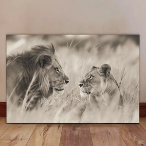 Majestic Lion & Lioness Canvas - Lion Wall Art - Black and White Animal Print - Safari Wildlife Decor - Lion King and Queen Artwork