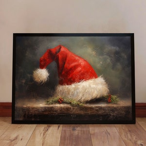 Santa Claus Hat Poster, Vintage Style Santa Art, Santa Hat Art, Retro Santa Christmas Wall Art, Santa Oil Painting, Santa Hat Poster Decor