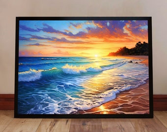 Ocean Sunset Poster - Beach Seascape Wall Art with Crashing Waves for Bedroom - Tropical Coastal Sunrise Print Gift for Ocean Lovers
