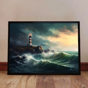 Stormy Lighthouse Wall Art - Watercolor Nautical Poster - Coastal Seascape Print - Lighthouse Ocean - Maritime Wall Decor - Beach House Art
