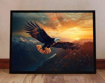 Bald Eagle Flying at Sunset Poster - Eagle Wall Art - Patriotic Wildlife Decor - Soaring Eagle Print - American Freedom Bird Art