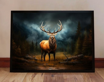 Bull Elk Poster - Rustic Lodge Wildlife Print - Elk Hunting Wall Art - Western Cabin Decor - Mountain Elk Art - Gift for Hunter