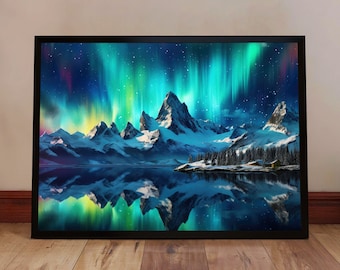 Northern Lights Poster - Aurora Borealis Over Mountains - Vibrant Night Sky Print - Arctic Landscape Wall Art - Winter Nature Decor