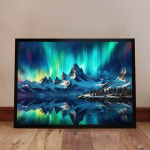 Aurora Borealis Northern Lights Over Mountains - Northern Lights Wall Art - Northern Lights Poster - Northern Lights Decor (Unframed)