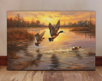 Mallard Ducks Canvas - Waterfowl Hunting Art - Duck Hunting Cabin Decor - Rustic Lake House Wall Art - Wildlife Painting - Marsh Ducks Print