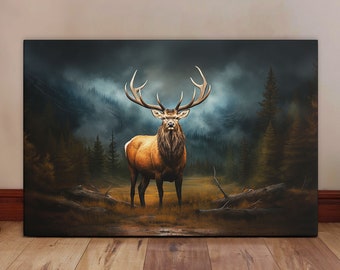Majestic Bull Elk Canvas - Rustic Wildlife Wall Art - Elk Hunting Cabin Decor - Western Lodge Artwork - Elk Painting - Mountain Home Decor