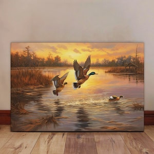 Mallard Ducks Canvas - Waterfowl Hunting Art - Duck Hunting Cabin Decor - Rustic Lake House Wall Art - Wildlife Painting - Marsh Ducks Print