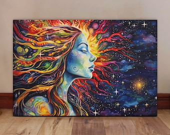 Psychedelic Goddess Canvas - Trippy Celestial Wall Art - Cosmic Spiritual Print - Mystical Dreamscape Decor - Boho Space Art