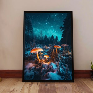 Hongos brillantes bajo una noche estrellada - Póster de hongos psicodélicos - Arte de pared psicodélico con diseño de bosque - Decoración con hongos mágicos - Impresión de naturaleza cósmica