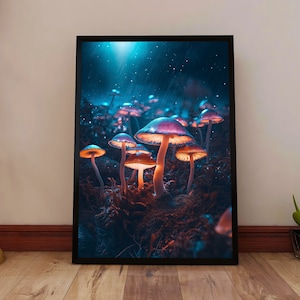Glowing Mushroom Forest Poster - Psychedelic Fungi Wall Art - Trippy Nightscape Print - Snowy Magic Mushroom Decor - Surreal Fantasy Artwork