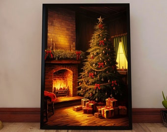 Decorated Christmas Tree Near Fireplace - Christmas Poster, Vintage Christmas, Vintage Christmas Decor, Christmas Tree Poster (Unframed)