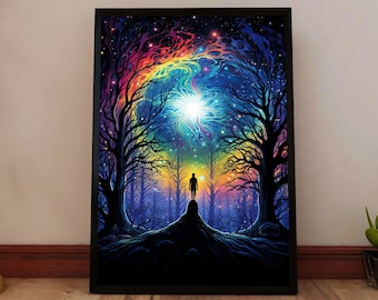 Psychedelic Cosmic Vision Poster - Trippy Spiritual Awakening Art Print - Surreal Night Sky Dreamscape - Mystical Celestial Wall Decor