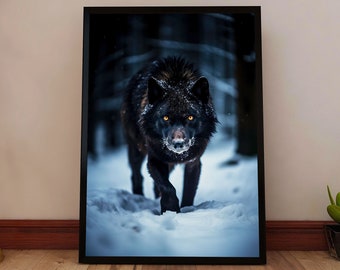 Black Wolf Poster - Lone Wolf Wall Art - Dark Forest Wildlife Print - Mystical Wolf Artwork - Snowy Wolf Decor - Predator Nature Scene