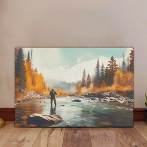 Autumn Fly Fishing Canvas - Rustic Fishing Wall Art - Fall River Landscape - Trout Fishing Decor - Cabin Lodge Artwork - Angler Gift