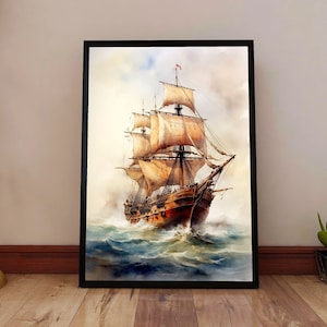 Pirate Ship Wall Art - Watercolor Pirate Ship Poster - Nautical Decor Print - Ocean Adventure Artwork - Pirate Theme Print - Sailing Art
