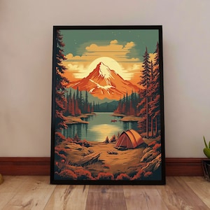 Vintage Camping Poster Print - Tent Camping Retro Wall Art - Outdoors Travel Decor - Mountain Lake Wilderness Print - Rustic Cabin Artwork