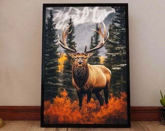 Bull Elk Poster Print – Elk Wall Art, Rustic Cabin Wall Art, Large Wildlife Wall Art for Man Cave Hunting Lodge Decor