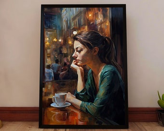 Woman in Cafe Wall Art - Oil Painting Print - European Coffee Shop Poster - Elegant Feminine Art - Cozy Cafe Decor - Gift for Her