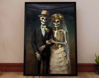 Bride and Groom Skeleton Wedding - Vintage Halloween Wall Art - Skeleton Halloween Wall Art - Halloween Decor - Halloween Wedding (Unframed)