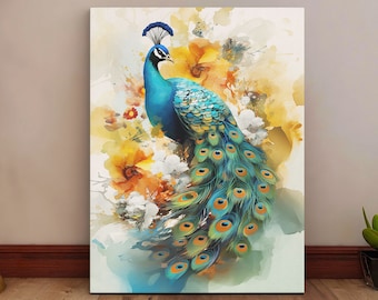 Peacock Canvas Wall Art - Colorful Watercolor Bird Print with Blue and Gold Floral Accents for Living Room and Bedroom Decor Gift