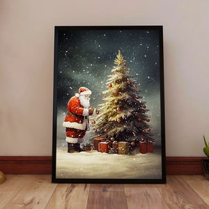 Santa Claus Decorating A Christmas Tree - Vintage Christmas Art, Vintage Christmas Decor, Christmas Print, Santa Claus Poster (Unframed)