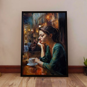 Woman in Cafe Wall Art - Oil Painting Print - European Coffee Shop Poster - Elegant Feminine Artwork - Cozy Cafe Decor - Vintage Coffee Art
