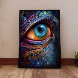 May include: A close-up of a colorful, abstract eye with swirling patterns and a blue iris. The eye is framed in a black frame.