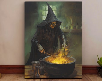 Wicked Witch Mixing Potion Canvas - Halloween Wall Art - Witch Halloween Wall Art - Halloween Witch - Vintage Halloween Decor (Unframed)