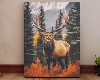 Bull Elk Canvas Wall Art - Rustic Wildlife Decor - Elk Hunting Cabin Print - Fall Mountain Scene - Gift for Hunter