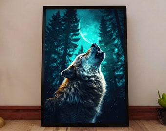 Wolf Howling at the Moon Poster - Midnight Forest Wolf Print - Nocturnal Wildlife Art - Rustic Animal Decor - Full Moon Wall Art