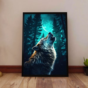 Wolf Howling at the Moon Poster - Midnight Forest Wolf Print - Nocturnal Wildlife Art - Rustic Animal Decor - Full Moon Wall Art
