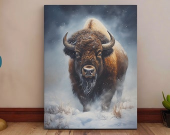 May include: A brown and white bison stands in a snowy field, looking directly at the viewer. The bison is covered in snow and the background is a blurry blue.