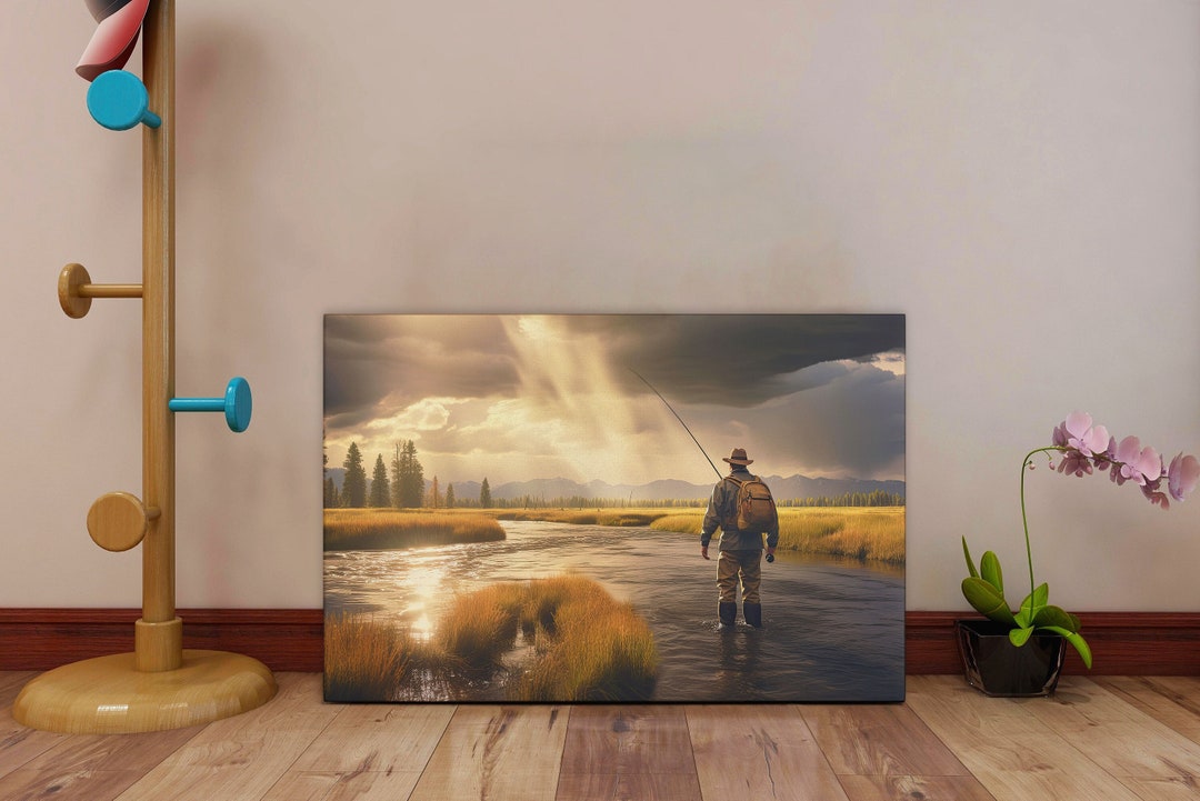 Fly Fisherman Standing in River Fly Fishing Canvas Fly Fishing Wall Art