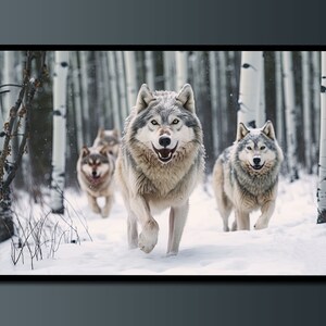 May include: A framed print featuring a pack of wolves running through a snowy forest. The wolves have gray and white fur, and the forest has tall, white birch trees. The image is set in a winter landscape.