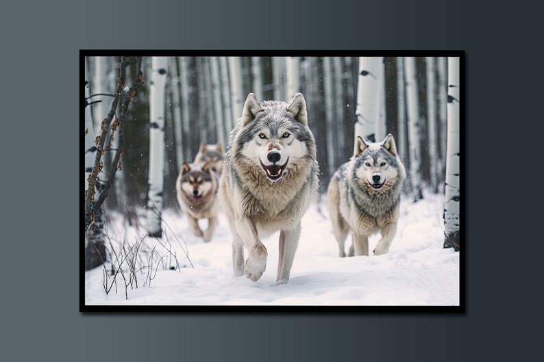 May include: A framed print featuring a pack of wolves running through a snowy forest. The wolves have gray and white fur, and the forest has tall, white birch trees. The image is set in a winter landscape.