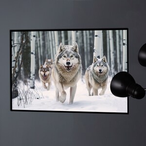 May include: A framed print featuring a pack of wolves running through a snowy forest. The wolves have gray and white fur, and the background shows birch trees. The print is displayed on a gray wall.