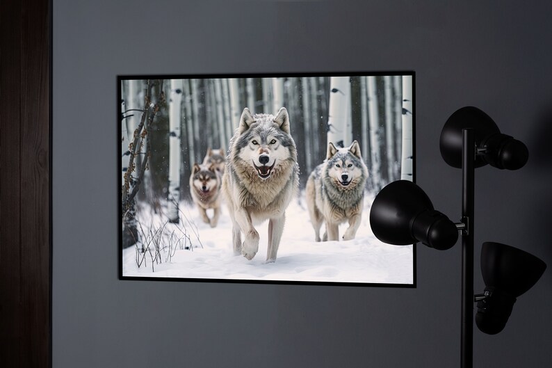 May include: A framed print featuring a pack of wolves running through a snowy forest. The wolves have gray and white fur, and the background shows birch trees. The print is displayed on a gray wall.