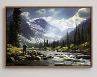 Fly Fishing Canvas Print - Mountain Stream Fishing Decor - Fishing Gift for Dad - Rustic Cabin Wall Art - Fly Fisherman Landscape