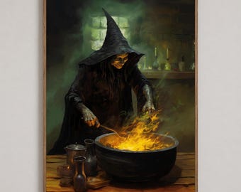 Witch Cauldron Canvas Wall Art - Vintage Apothecary Potion Bottle Painting - Spooky Halloween Home Decor Gift for Dark Occult Collector